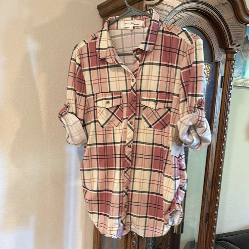 Pink Plaid Button-Up Maternity Shirt - Picture 1 of 4
